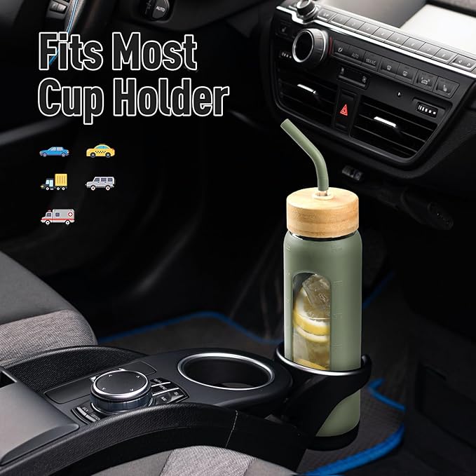 24oz Glass Water Bottle with Straw and 2 Lids-Bamboo and Spout Lid, Borosilicate Glass Water Bottle with Silicone Sleeve and Time Marker,BPA Free & Cupholder Friendly,Olive