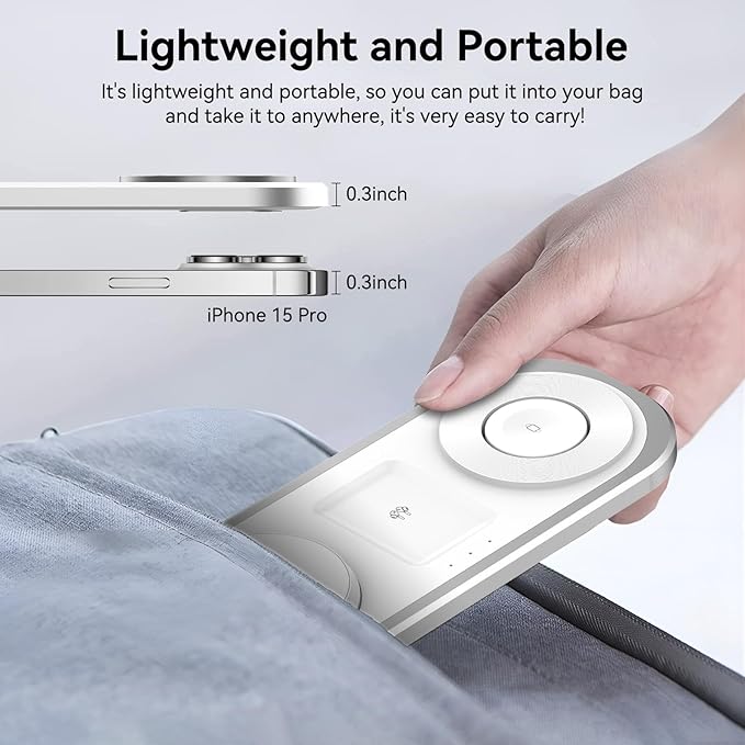 3 in 1 Fast Wireless Charger Stand for iPhone, Foldable Travel Charging Station for Magsafe for iPhone 17/Air/16/15/14/13/12 Series, Apple Watch Series, AirPods pro/2/3/4, Gifts for Women Men (Silver)