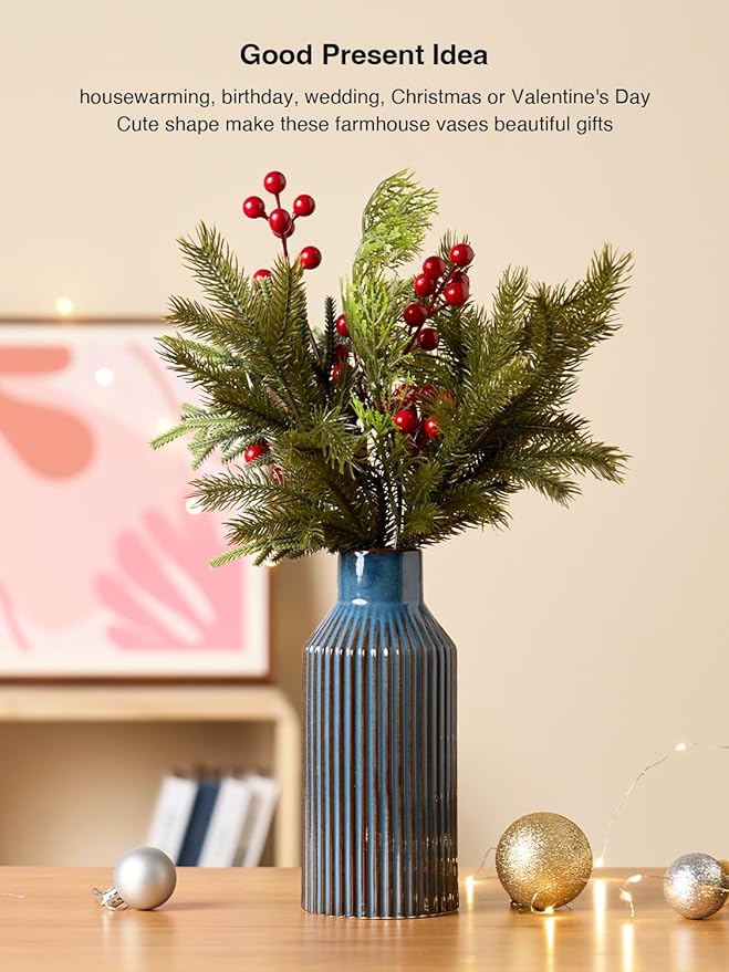 Blue Ceramic Flower Vase, Minimalist Decor, Modern Home Decorative Vase, 8 Inch Small Pampas Grass Vases for Kitchen, Bedroom, Office, Living Room, Bathroom, Shelf Centerpiece Table