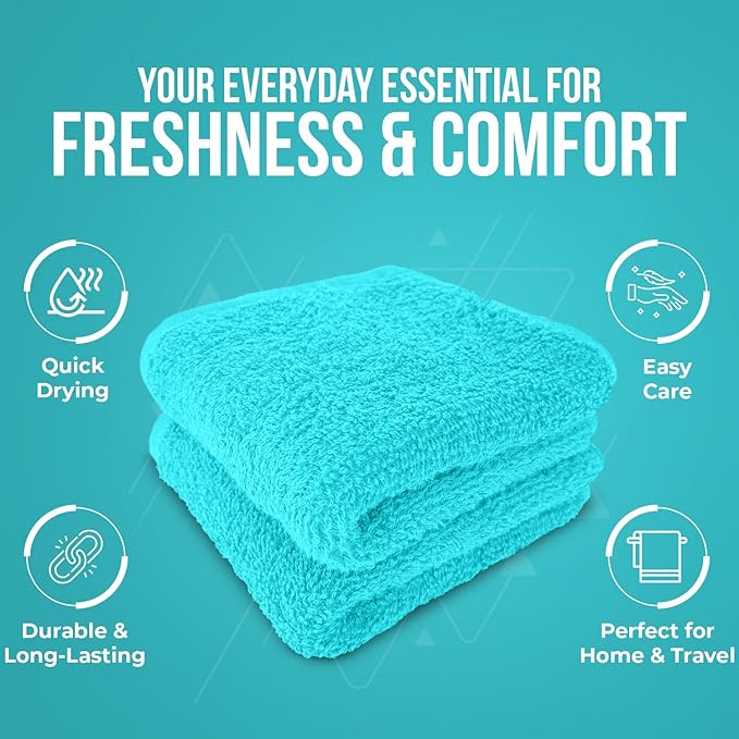 DAN RIVER 100% Cotton Wash Cloths 24 Pack [12x12] Soft & Absorbent Bath washcloths, Gym, Hotels & Spa Perfect for Everyday Use Fingertip Towels, Turquoise