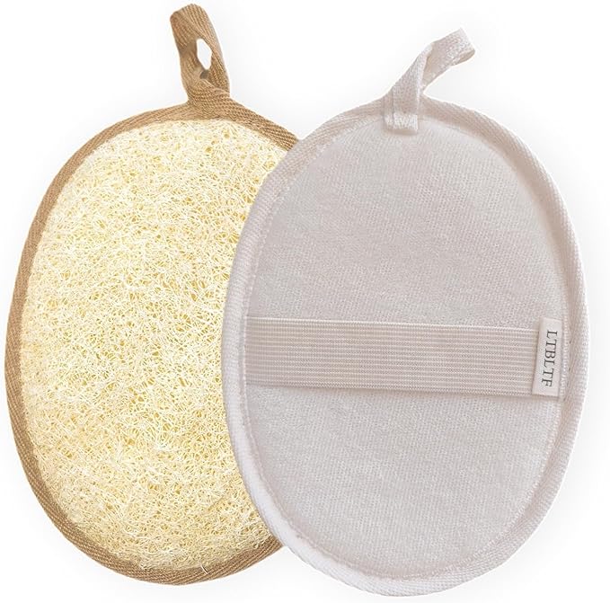 Natural Loofah Bath Sponge Set of 2,Exfoliating Body Scrubber for Shower & Bath,Eco-Friendly & Reusable Spa Gift Set for Men and Women, Large Size 7.1"x5.1" Oval (White and Brown)