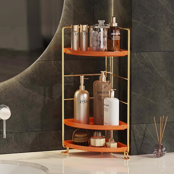 3-Tier Corner Bathroom Organizer Countertop for Storage，Counter Tray and Vanity Organizer，Plastic Counter Organizer for Kitchen, Bathroom, Dresser 10.6 inches (Gold Orange)