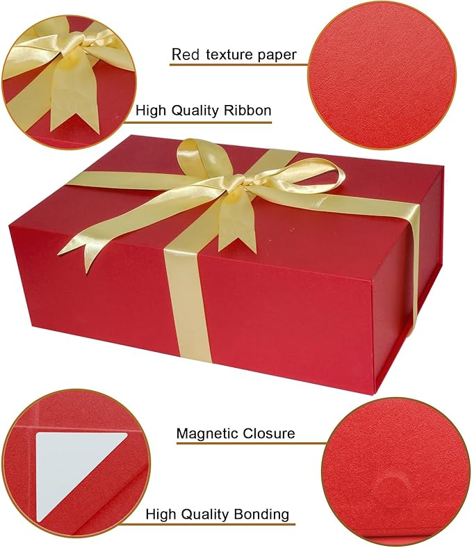 YINUOYOUJIA Large Red Gift Boxes with Lid,14"x9"x4.5" Magnetic Gift Box with Ribbon,Cards and Envelopes for Presents,Great for Wedding,Birthdays,Crafting,Gift Packaging.
