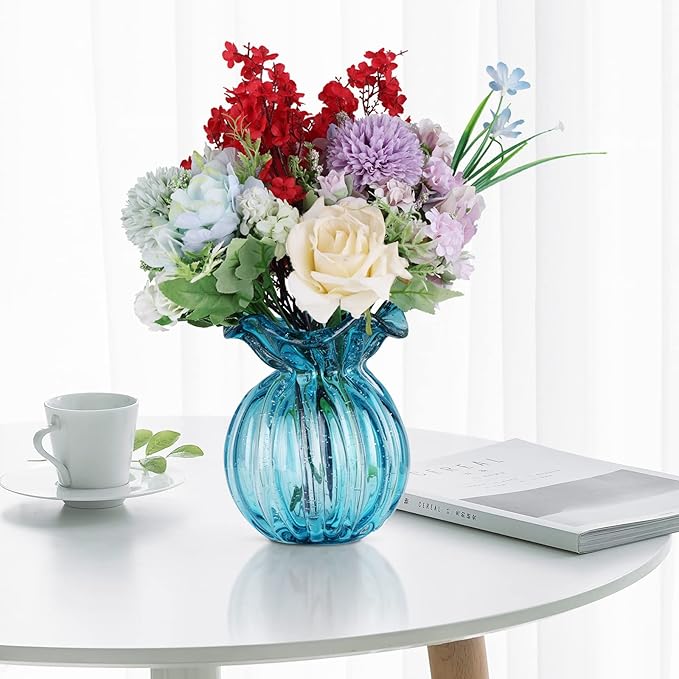 Blown Glass vase, Green Glass vase, Modern Art vase, Wide Mouth vase for Living Room Wedding Table Office centerpieces with Flowers.