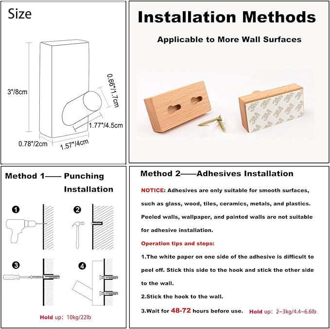 HomeDo 4Pack Adhesive Wall Hooks Hat Rack, Wooden Coat Hooks Wall Mounted, Decorative Hooks Single Organizer Hat Hanger Towel Rack, Heavy Duty Hooks (Rectangle-Walunt,4Pack)