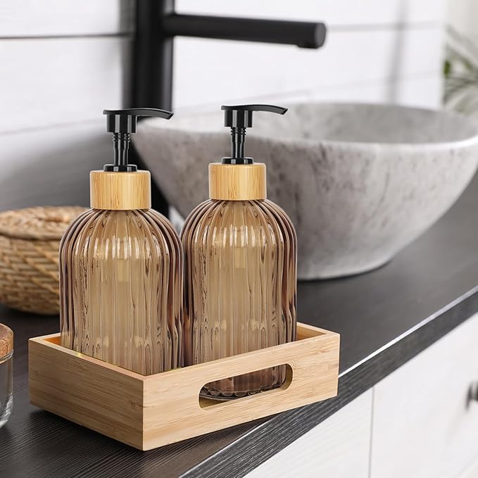 Amber Glass Soap Dispenser with Pump, 2 Pack 13.5oz Vertical Stripe Design Hand Soap Dispenser for Hand Wash, Dish Wash, Elegant Dispenser for Bathroom and Kitchen