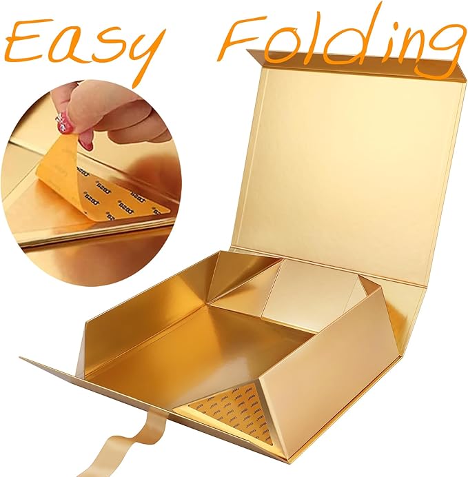 GREEN BEAN 3 Extra Large Gift Boxes with Lid 16.3 x 14.2 x 5 Inches, Gold Magnetic Gift Box with Ribbon for Clothes, Large Presents Christmas Halloween(Glossy Gold)