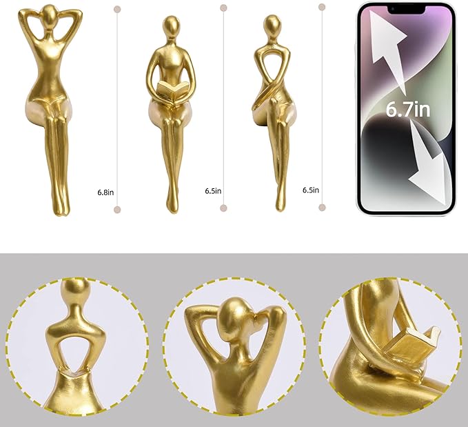 Quoowiit Gold Decor Thinker Statue Decor Book Shelf Decor, Abstract Statue Ornament Office Decor Modern Home Decor Decorations for Living Room Collectable Figurines Coffee Table Decor 3 Piece