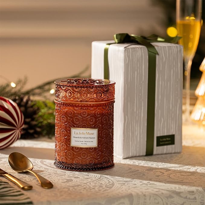 LA JOLIE MUSE Christmas Candles | Hearth & Velvet Flames | Saffron, Clove & Vanilla | 19 oz Large Wooden Wick Soy Candle | 90-Hour Clean Burn | Holiday Candle Gift | Gift-Ready for Hosts & Festive Gat