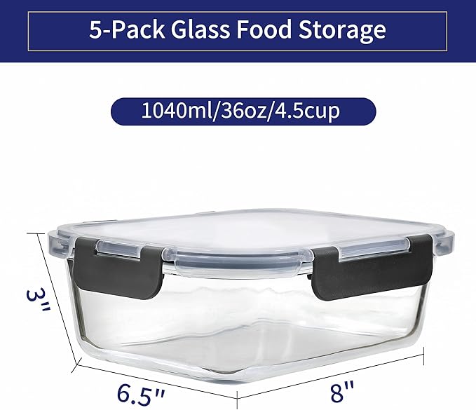 MFY 5-Pack 36 OZ Glass Storage Containers with Lids, Glass Meal Prep Containers Set, Airtight Lunch Containers with Lids, Microwave, Oven, Freezer and Dishwasher Safe, Gray