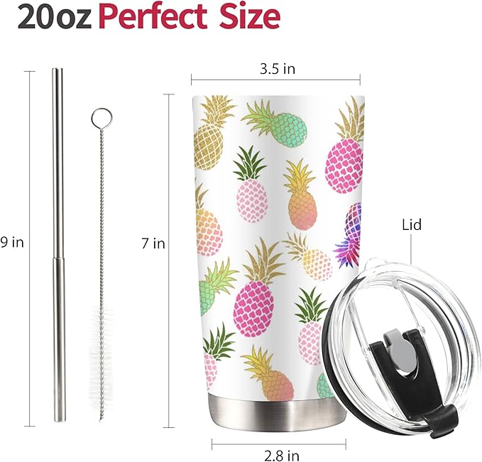 20 oz Pineapple Insulated Tumblers with Straw and Lid, Reusable Stainless Steel Coffee cup Travel Mug for Women's Hot and Cold Drinks Gift