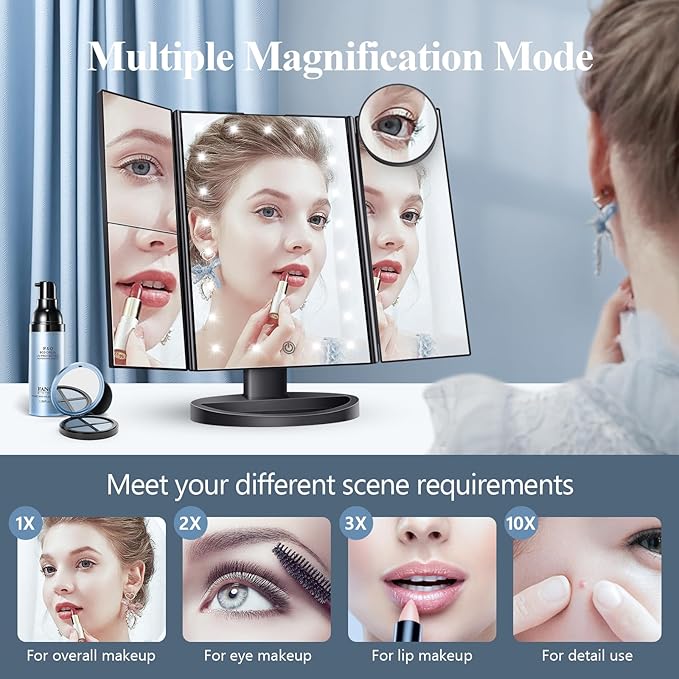 HUONUL Makeup Mirror Vanity with Lights, 2X 3X 10X Magnification, Touch Control, Trifold Mirror, Dual Power Supply, Gifts for Women, Wife, Mom, Teengirls(Black)