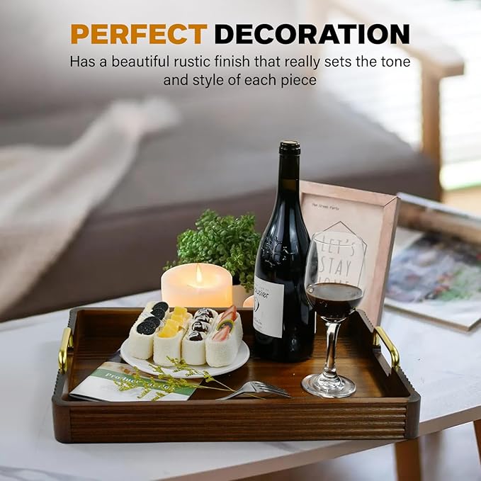 Acacia Wood Serving Tray with Metal Handles – 17x12in Rustic Decorative Ottoman & Coffee Table Tray for Breakfast in Bed, Dinner, Bar, Kitchen, Home Décor & Entertaining