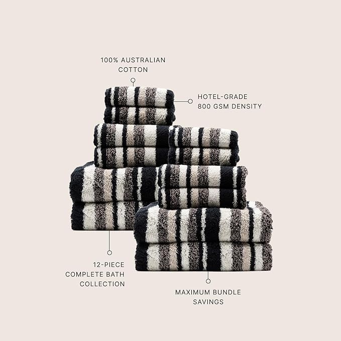 Italic Ultraplush 12-Piece Family Towel Set – Luxury Bath Towels, Hand Towels & Washcloths – Plush, Quick Dry, 800GSM 100% Australian Cotton for Bathroom & Spa - White & Blue (Stripe Multi-Color)