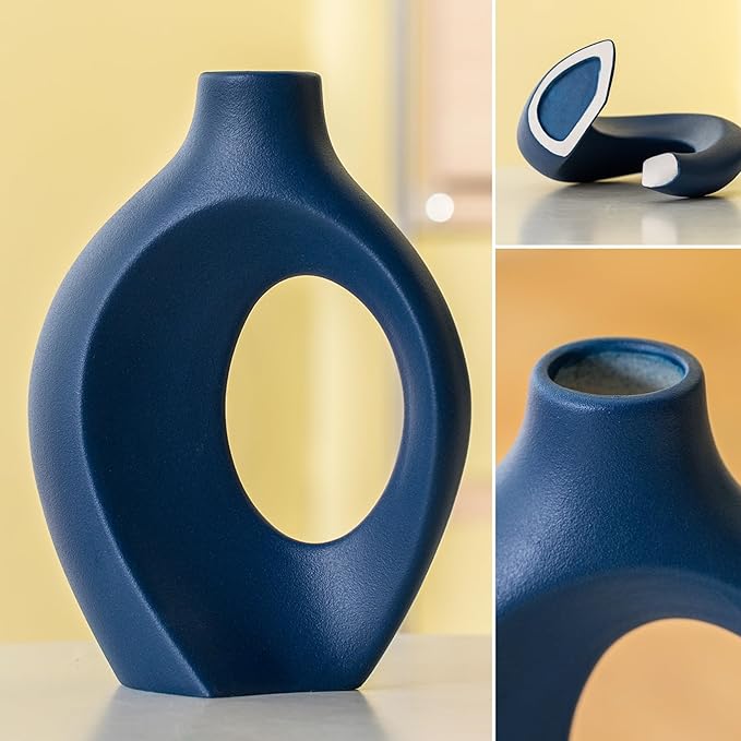 Snuggle Hollow Ceramic Vase Set of 2, 8.4 Inch Hug Donut Modern Nordic Boho Style Vases for Home Decor Anthropologie Aesthetic Living Room Shelf Coffee Table Decorative (Navy Blue)