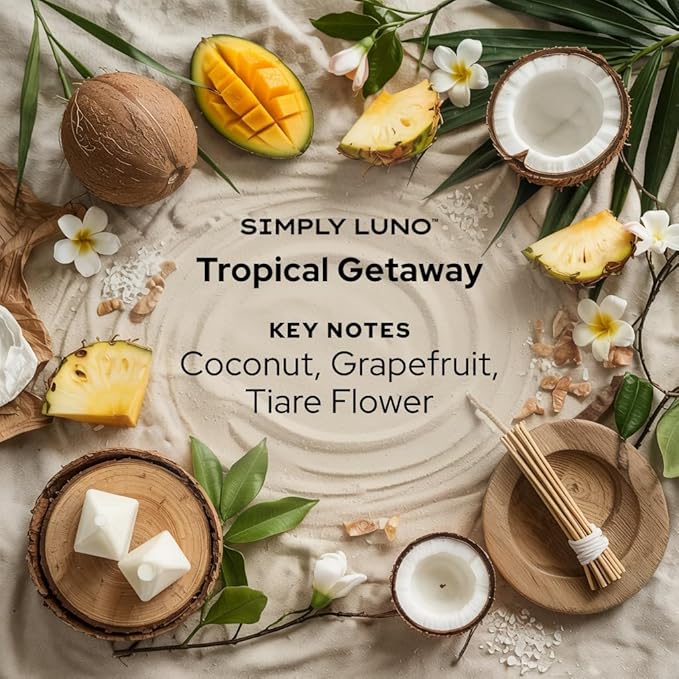 Tropical Getaway - Coconut & Grapefruit Scented Candle – 14oz Soy Wax – Fresh Candle for Home – 50+ Hour Burn – Eco Friendly Gift Box in Reusable Glass Jar with Bamboo Lid