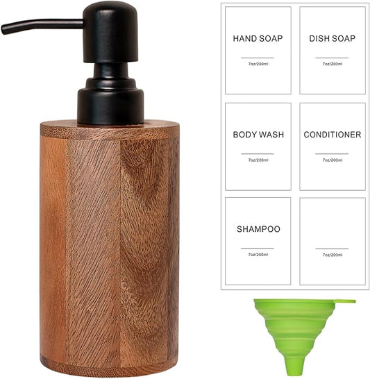 Walnut Wood Soap Dispenser with Pump, Funnel & Label, Refillable Hand Soap Dispenser for Bathroom & Kitchen, Cylinder Design, Rustic Countertop Decor(7oz/200ml)
