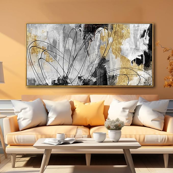 YJYart Abstract Wall Art Office Decor Gold Wall Decor for Living Room Black and White Artwork Line Art Frame Room Decor for Bedroom 24X48 Inch