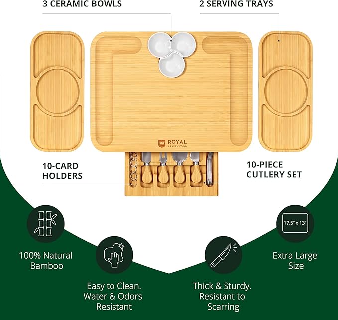 ROYAL CRAFT WOOD Bamboo Cheese Board and Knife Set with Charcuterie Board & Serving Tray with Appetizer Plates & Side Trays (17.5 x 13)
