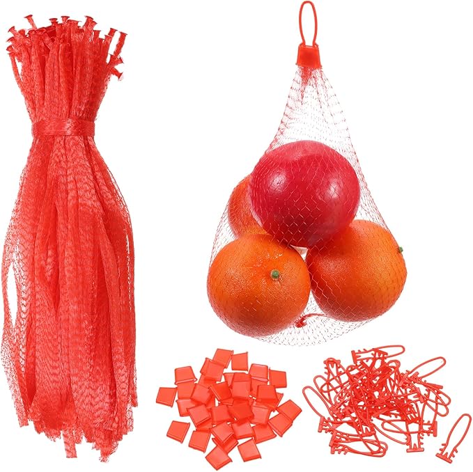 uxcell 100 Pcs Reusable Mesh Produce Bags, 30cm/12 Inch Washable Net Storage Bags Reusable Grocery Reusable Storage Bags with Plastic Buckle for Fresh Fruit Vegetables Seafood, Red