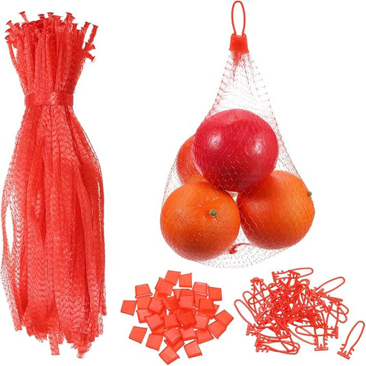 uxcell 100 Pcs Reusable Mesh Produce Bags, 30cm/12 Inch Washable Net Storage Bags Reusable Grocery Reusable Storage Bags with Plastic Buckle for Fresh Fruit Vegetables Seafood, Red