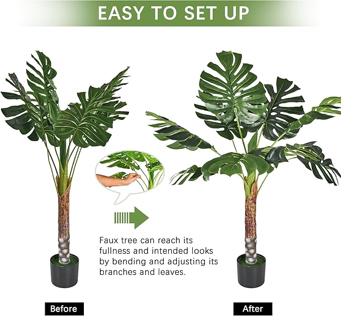 VECELO 4FT Artificial Monstera Plant Tall, 48'' Faux Swiss Cheese Plants Large with Fake Bark, Dried Moss and Pot, Houseplant for Indoor Outdoor Living Room Home Decor
