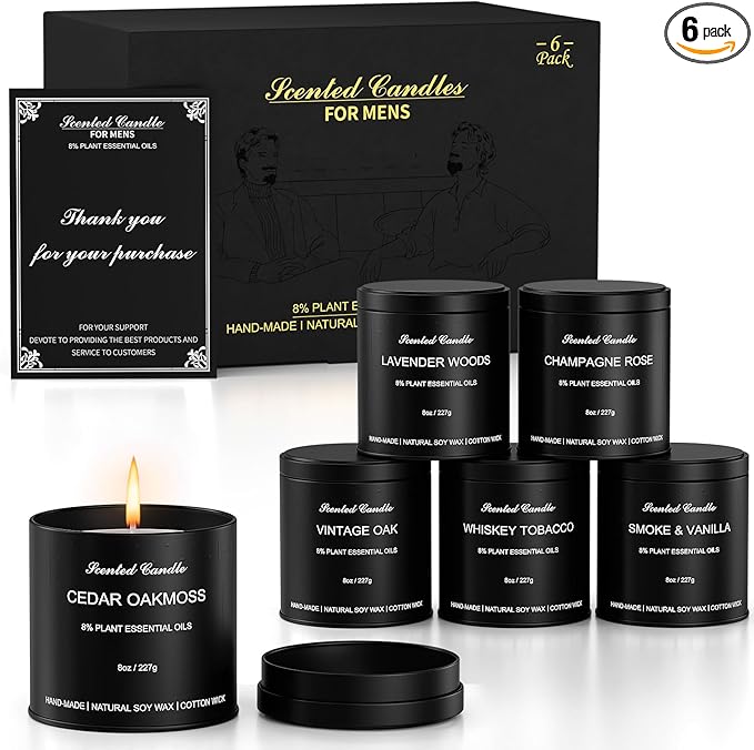 Scented Candles Gift Set for Men | 6 Pack Soy Wax Candles with Matte Black Tins | Men‘s Aromatherapy Candles for Home, Work,Party | Men Jar Candle Set Gifts for Father's Day and Christmas