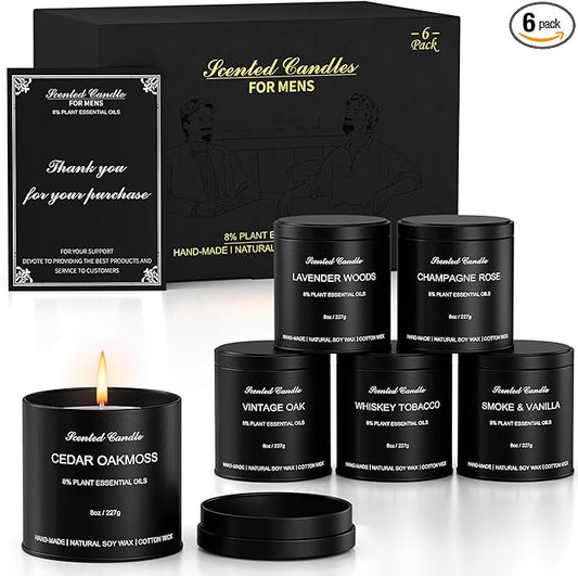 Scented Candles Gift Set for Men | 6 Pack Soy Wax Candles with Matte Black Tins | Men‘s Aromatherapy Candles for Home, Work,Party | Men Jar Candle Set Gifts for Father's Day and Christmas