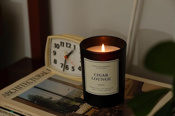 | Masculine Aromas | Small Batch | Soy Wax | 40 Hours | Scented Black Candles with Natural Essential Oils | Vegan (Cigar Lounge)