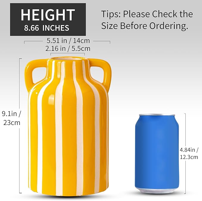 Yellow and White Ceramic Vase with Handles, Stripes Floral Vase for Home Decor, Flowers Kitchen Bookshelf Mantle, Living Room Coastal Decor, Rustic Table Centerpiece, Cottage Core Decor 9.1 in