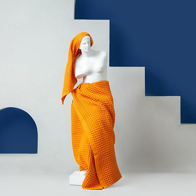 Luxury Japanese Cotton Waffle Bath Towel | Plush, Absorbent, and Quick Dry | Free Storage Bag Included (Coral Orange, Bath Sheet, 67" x 34")