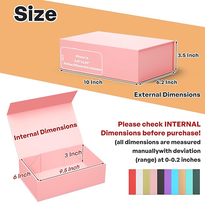 Pink Gift Box, 9.5x6x3'' Gift box for Presents with Lids Magnetic Closure Rectangle Collapsible for Bridesmaid Proposal Box, Wedding, Christmas, Halloween, Birthday Gift Packging