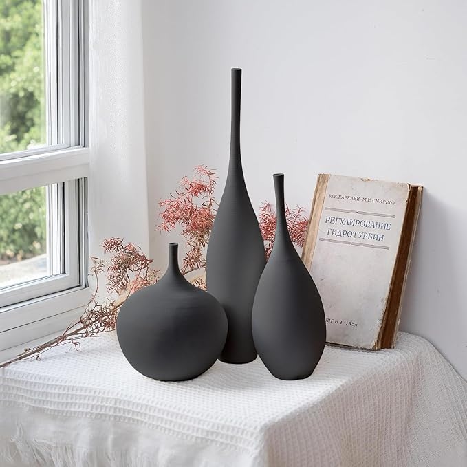 Black Ceramic Vase Modern Boho Wabi-Sabi Flower Vase Set of 3 Decorative Aesthetic Vases for Centerpieces Matte Minimalist Vases for Living Room Table Shelf Home Decor Gift