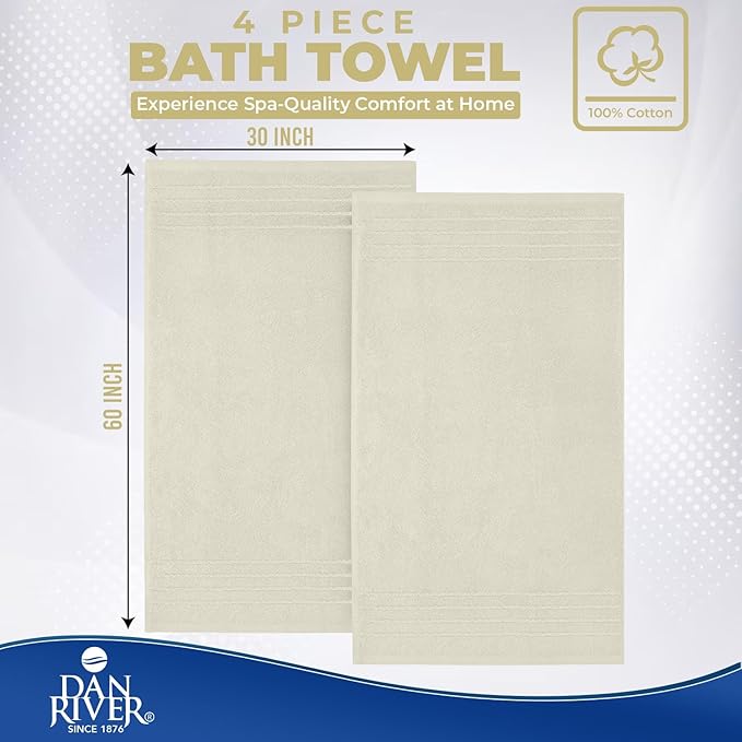 DAN RIVER Bath Towels Set of 4, 30 x 60 Inches, 100% Cotton, Larger & Lighter Weight, Quicker to Dry, Super Soft and Absorbent, Ideal Hotel Towels for Daily Use, Ivory