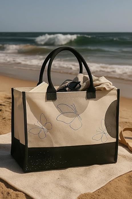 Canvas Tote Bag Hand-Stitched Spacious Eco-Friendly Durable, Detachable Strap for Vacation Beach Everyday Errand Work Essentials Ultimate Gift Butterfly Pattern