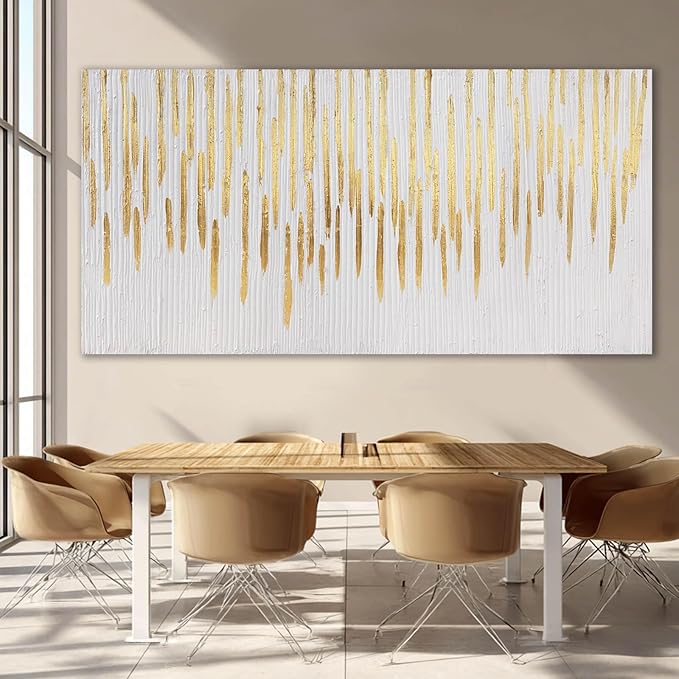 White And Gold Wall Art Abstract Pictures Hand Drawn Paintings Framed Canvas Arts 29"x58" for Living Room Office