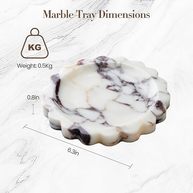 Calacatta Viola Scalloped Marble Tray, Natural Marble Jewelry Dish, Luxury Decorative Trays for Bathroom, Vanity, Dresser, Kitchen & Home Decor, House Warming Gifts New Home (Round, 6.3Inch)