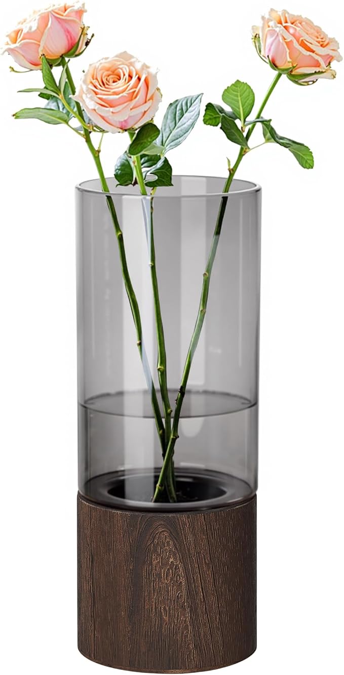 VECELO Artistic Flower vase with Wooden Base, 7" Tall Boho Rustic Cylinder Glass vase for Fresh Flowers, Fireplace Bedroom Kitchen Living Room