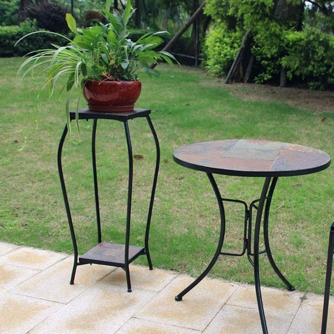 Zhongma 2 Tier 30" Tall Plant Stand with Colorful Slate Top for Balcony, Home, Garden, Backyard Patio with Adjustable Leveling Feet