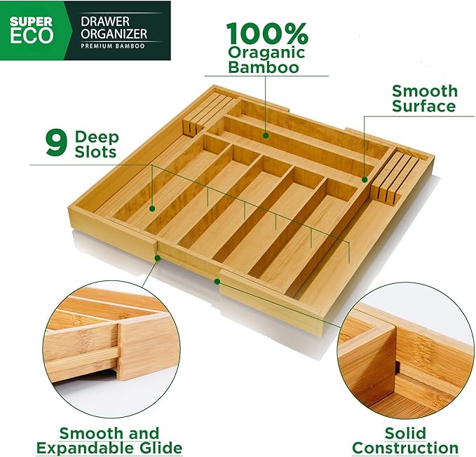 Bamboo Kitchen Drawer Organizer - Bamboo Expandable Drawer Organizer Utensil Holder & Cutlery Tray - Adjustable Wood Drawer Dividers Organizer for Silverware, Flatware, Knives (9 Slot)