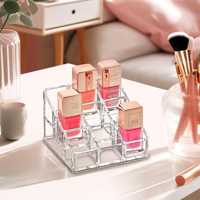 Amazing Abby - Glamour - 9-Slot Acrylic Nail Polish Organizer, Lipstick Holder, Lip Gloss Organizer, Cosmetic Storage Display, Perfect Storage Solution for Drawer, Vanity, Bathroom, and More