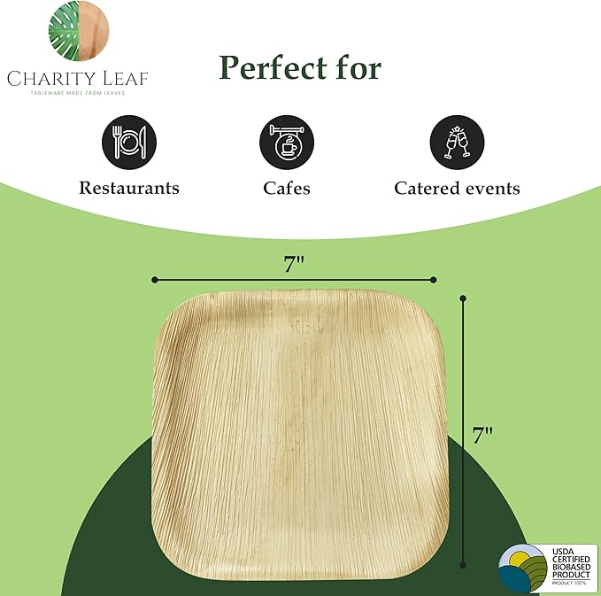 Charity Leaf Disposable Palm Leaf 7" Square Plates (1000 pieces) Bamboo Like Serving Platters, Disposable Boards, Eco-Friendly Dinnerware For Weddings, Catering, Event