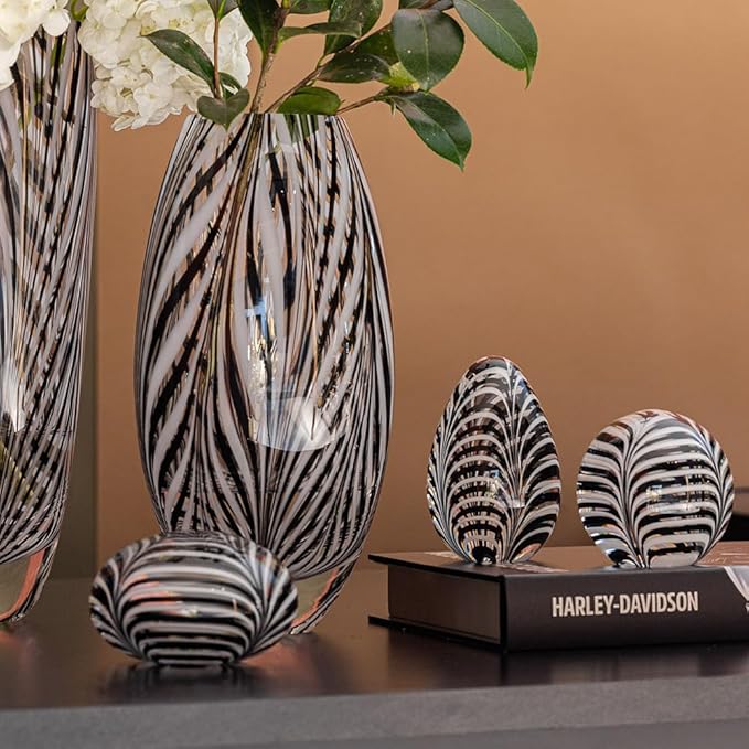 Ca D Oro Murano Style Glass Vase Black and White Feather Pattern Hand Blown Art Glass for Flower, Room Decoration and Centerpiece - Model 54 MS