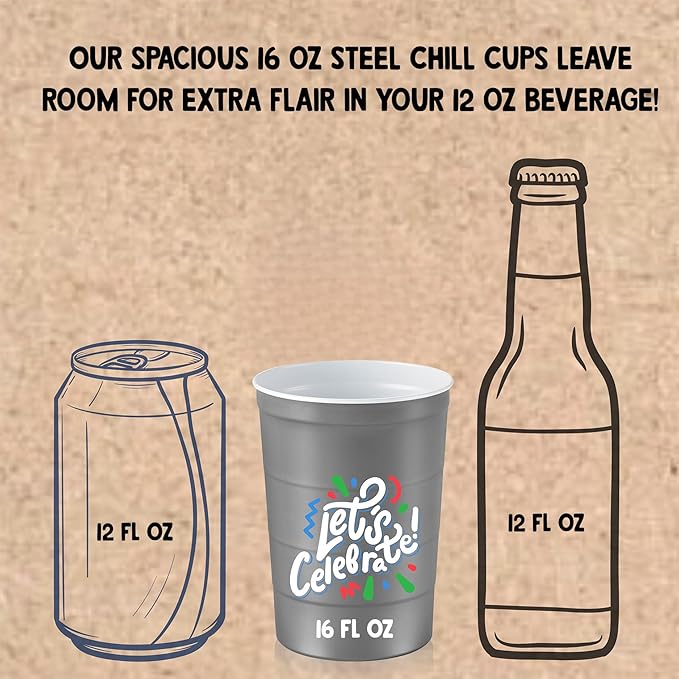16 oz. Party Cups 'Let's Celebrate Let's Party' Design for Cold Drinks, Durable, Disposable, Recyclable, Made in USA, Gray, 12 Count