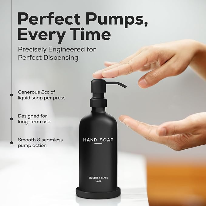 Black Glass Hand Soap Dispenser Bathroom Set by Brighter Barns - Bathroom Soap Dispenser Set with Tray and Stainless Steel Pump - Modern Decor for Kitchen, Hotel, Vacation Rental, Restaurants (Black)