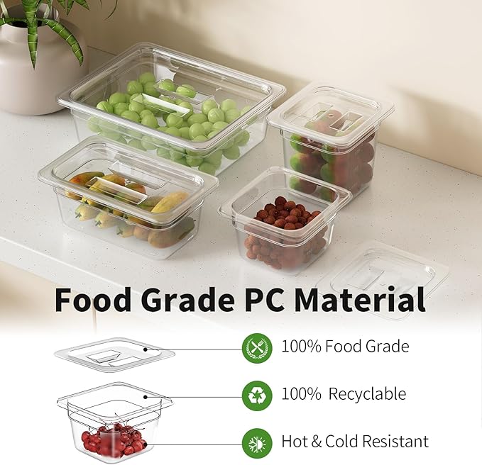 1/6 4'' 12 Pack Plastic Food Pans With Lids, Clear Food Pan, Commercial Stackable Polycarbonate Freezer-Safe for Fruits Vegetables Restaurant Kitchen