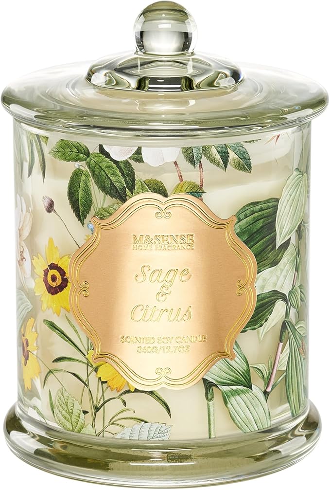 M&SENSE Sage Citrus Scented Candles, Natural Organic Soy Candle 12.7oz 75H Long Lasting Slow Burning, 2 Wick Large Jar Candle Stress Relief, Fall Winter Thanksgiving Christmas Housewarming Gift