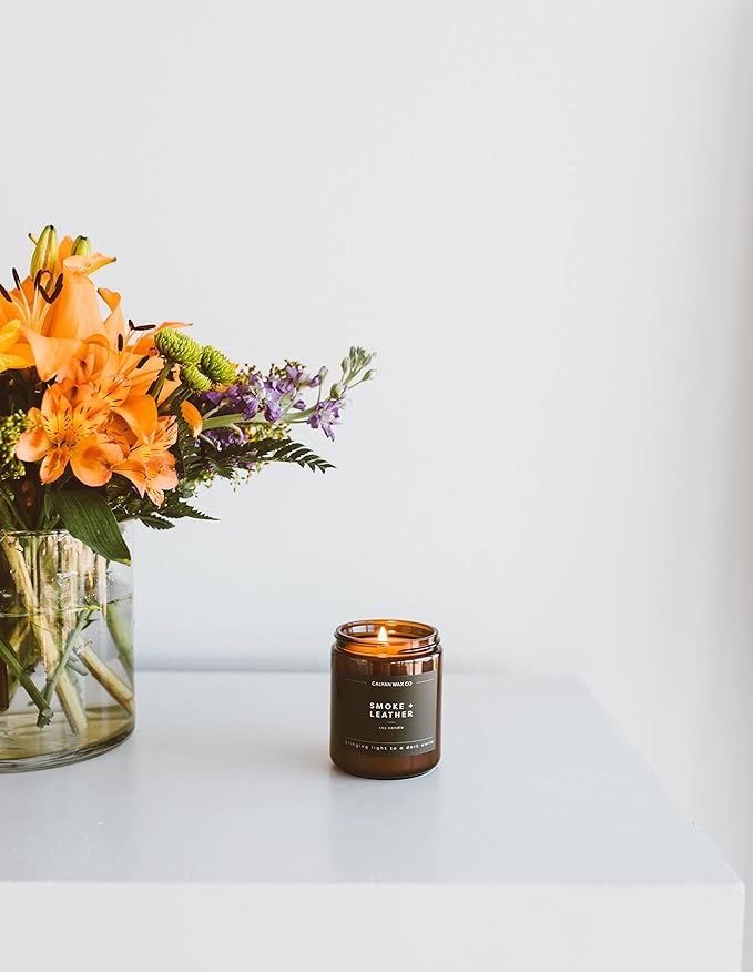 Calyan Wax Co. Smoke & Leather Scented Candle - 57 Hour Burn - Luxury Non Toxic Soy Wax Candles - Long Lasting Amber Glass Jar Candle for Home - 7.2oz