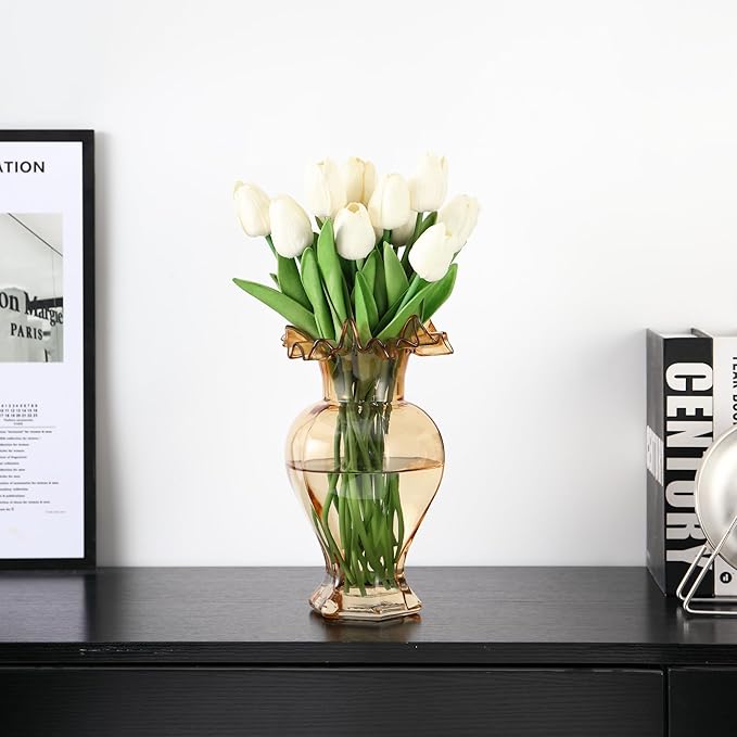 Large Glass Vase, Amber Vase for Flowers, Flower Vases for Bouquet, Glass Flower Vases for Living Room, Dining Table, Shelf, Wedding, Office, Coffee Table, 9.5 Inches