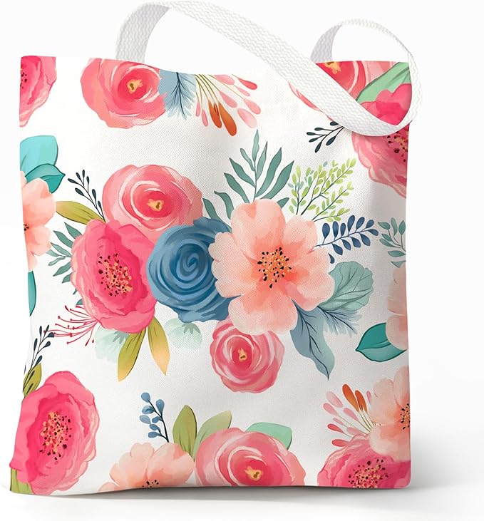 Cute Aesthetic Canvas Tote Bag for Women, Reusable Foldable Shopping Cotton Shoulder Totebag with Zipper Pocket